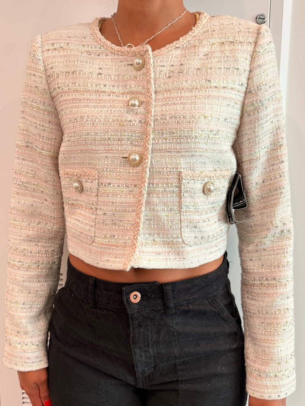 Karl Lagerfeld Cream Tweed Cropped Jacket with Pearl Buttons
